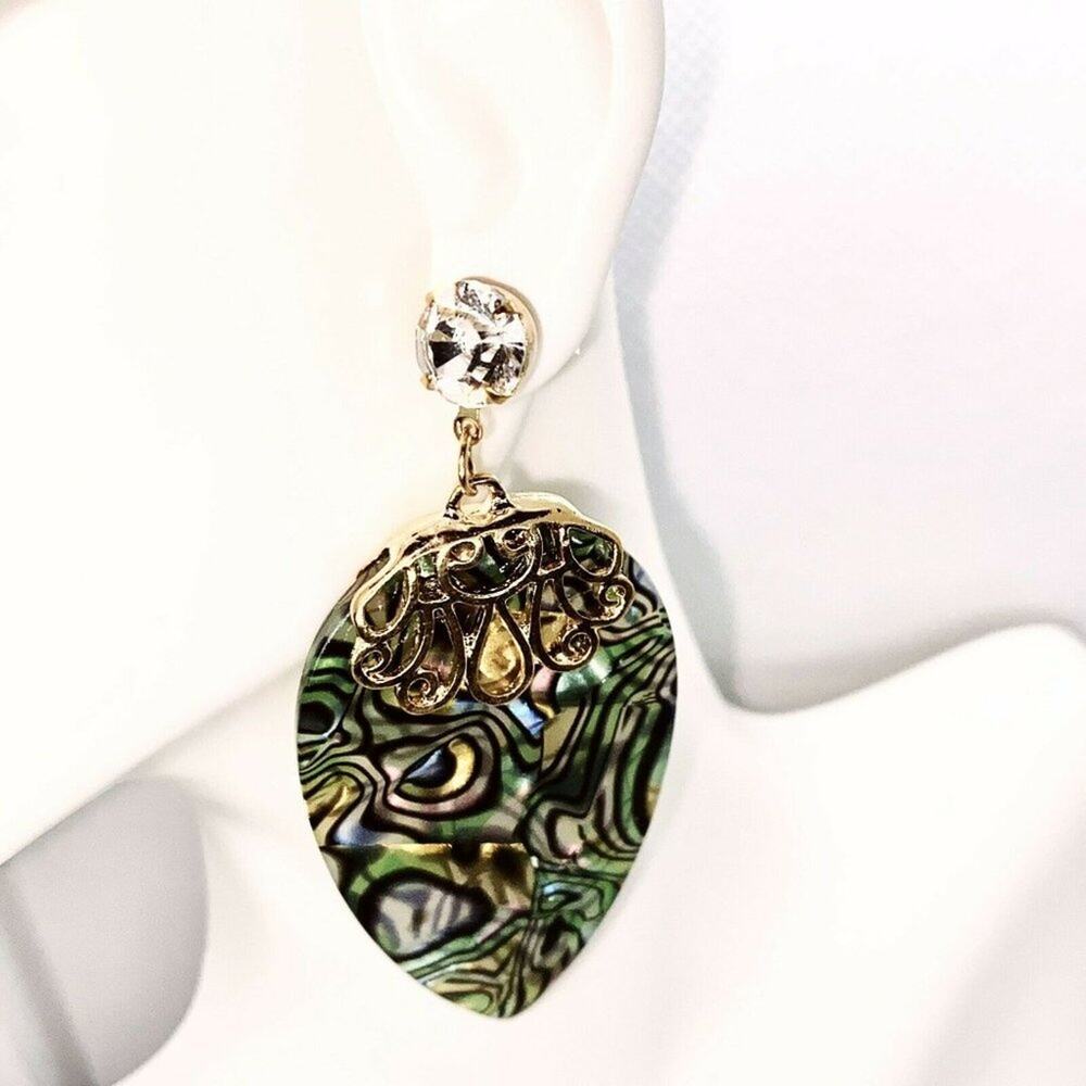 Abalone Colored Gold-Tone Pear Dangle Earrings